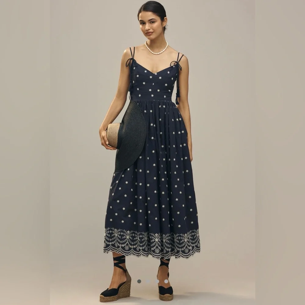 En Saison Nara Cotton Embroidered Tie-Strap Midi Dress - Picture 6 of 16